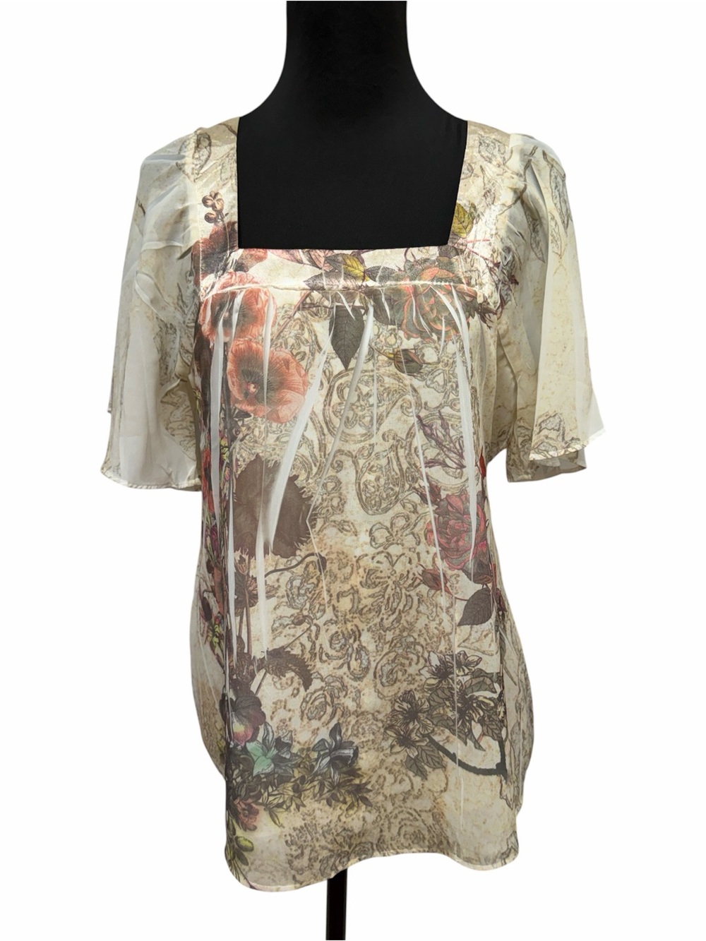 Studio Y Large Cream Floral Boho Square Neck Sheer Blouse Top